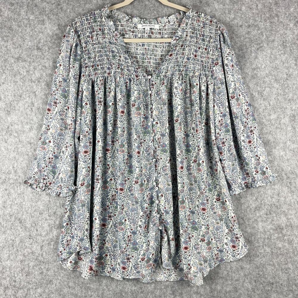 Rose‎ Olive Tunic Top Womens 2X Floral Blouse Smocked Button Front Ruffle Flowy